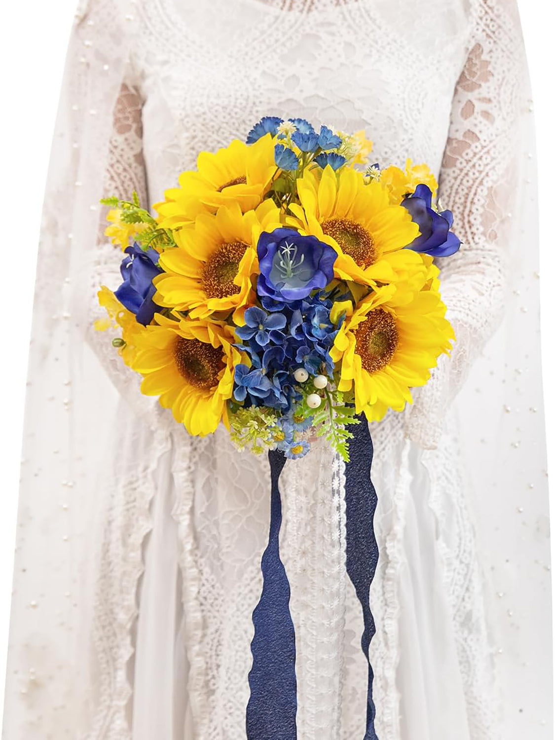 Sunflower&Royal Blue Artificial 9 Inch Bridal Bouquet