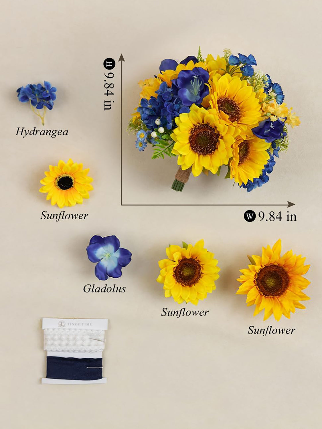 Sunflower&Royal Blue Artificial 9 Inch Bridal Bouquet