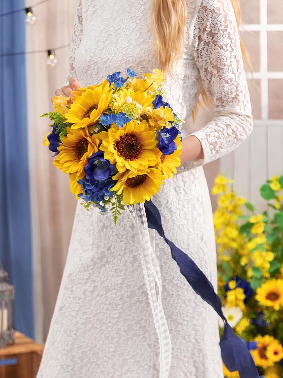 Sunflower&Royal Blue Artificial 9 Inch Bridal Bouquet