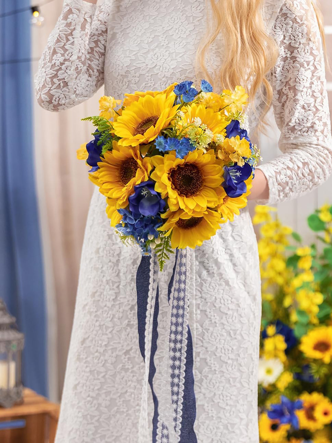 Sunflower&Royal Blue Artificial 9 Inch Bridal Bouquet