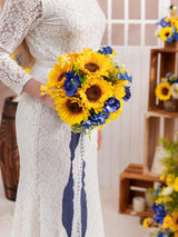 Sunflower&Royal Blue Artificial 9 Inch Bridal Bouquet