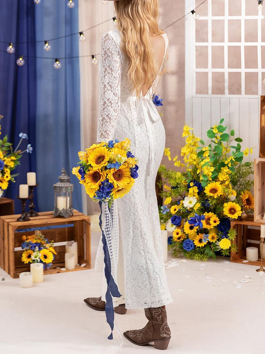 Sunflower&Royal Blue Artificial 9 Inch Bridal Bouquet