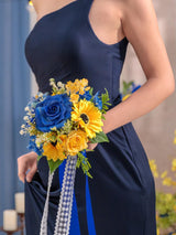 Sunflower & Royal Blue Artificial Wedding Flower Bridesmaids Bouquets 8 Inch 4 Pcs