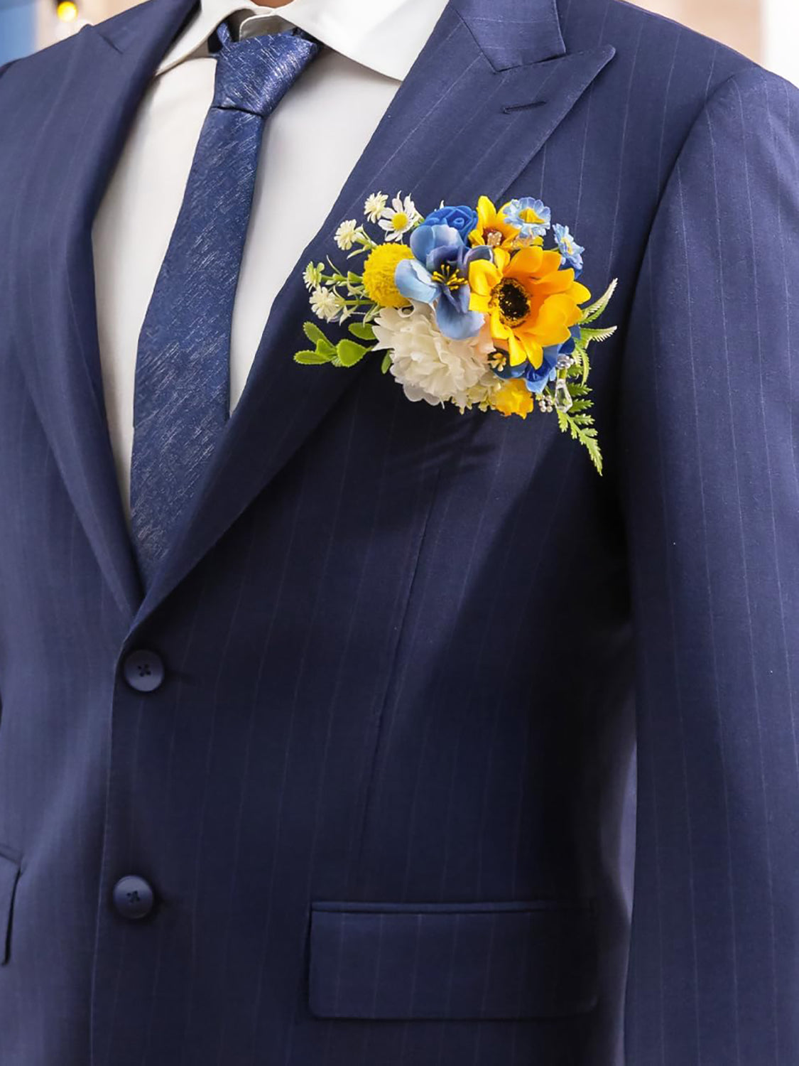 Sunflower & Royal Blue Boutonniere for Men Wedding Single
