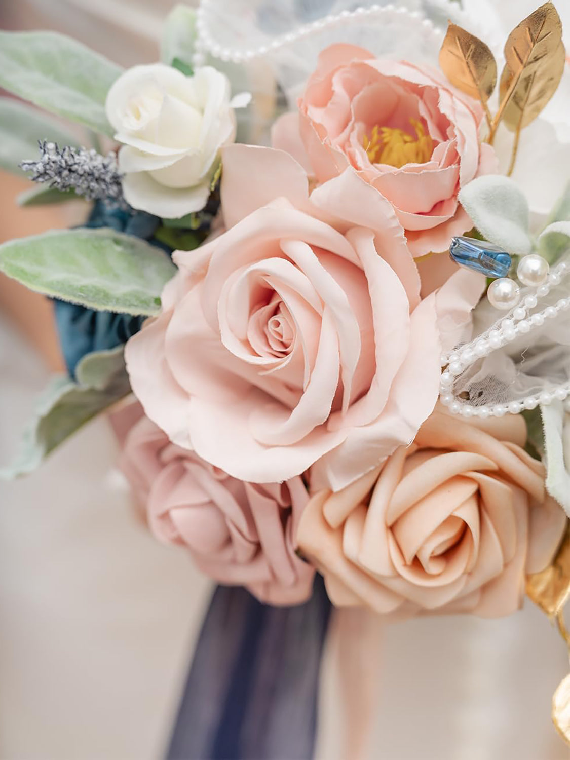 Dusty Rose & Navy Blue 9 Inch Artificial Bridal Bouquet