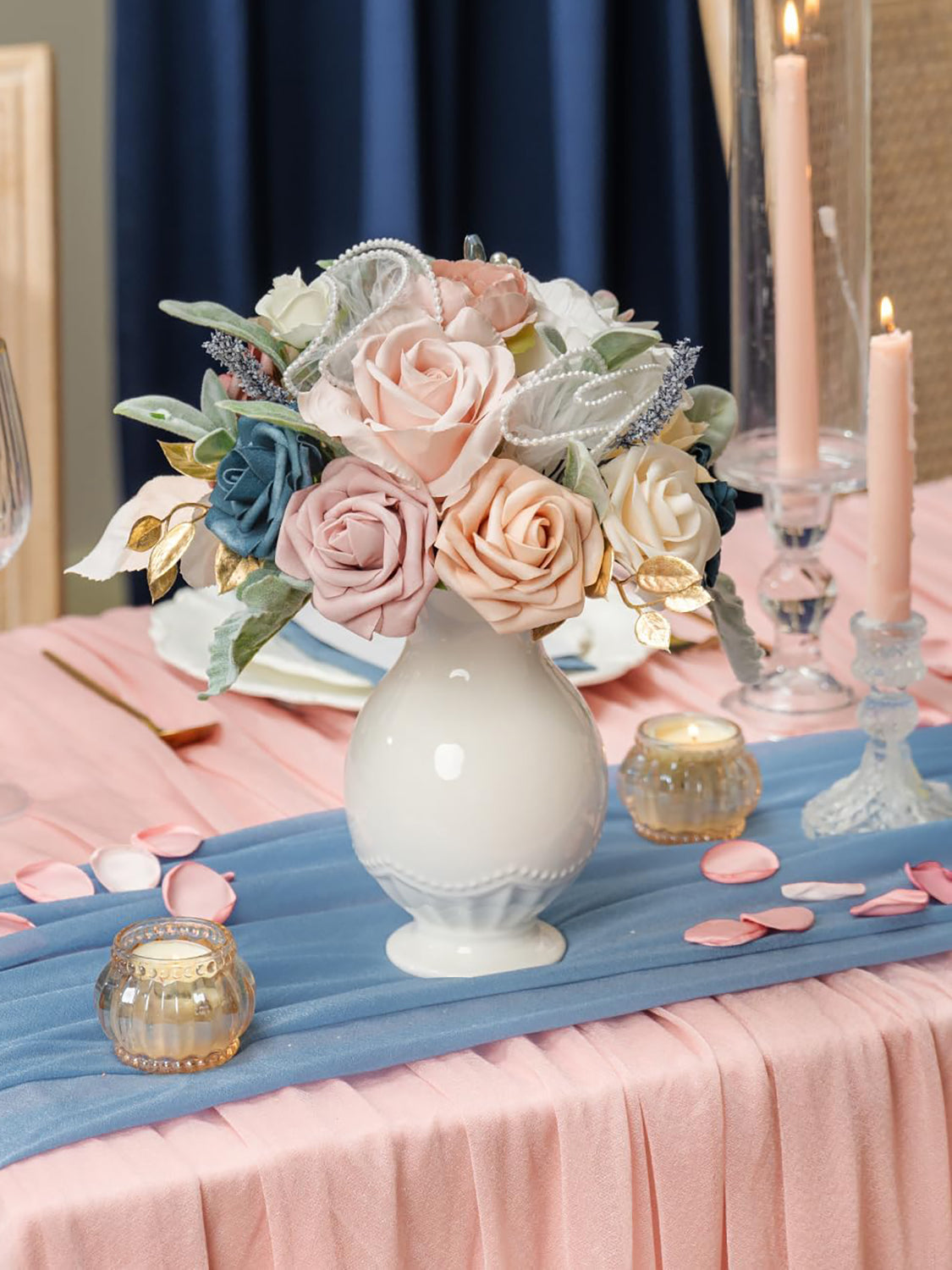 Dusty Rose & Navy Blue 9 Inch Artificial Bridal Bouquet