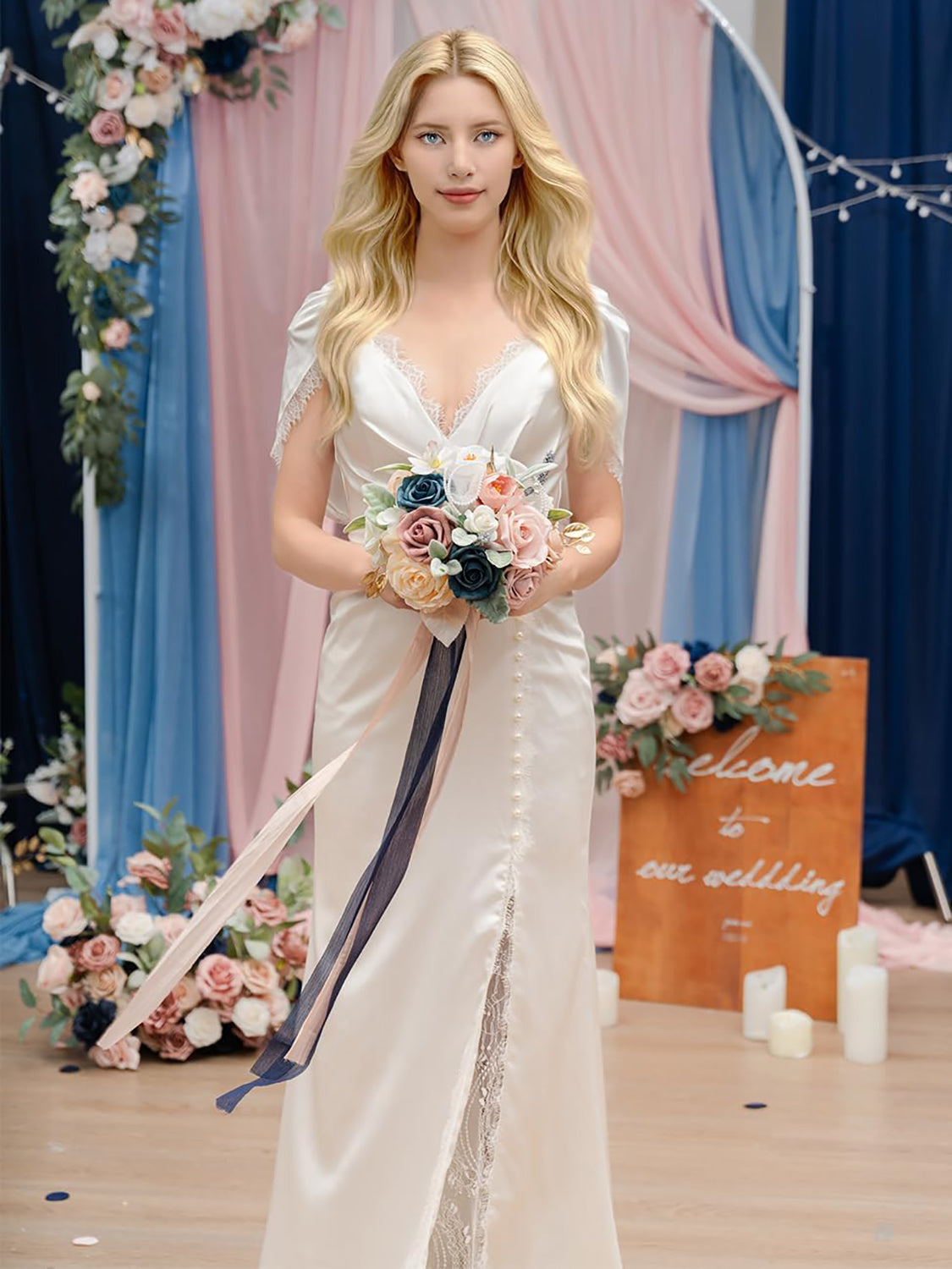 Dusty Rose & Navy Blue 9 Inch Artificial Bridal Bouquet