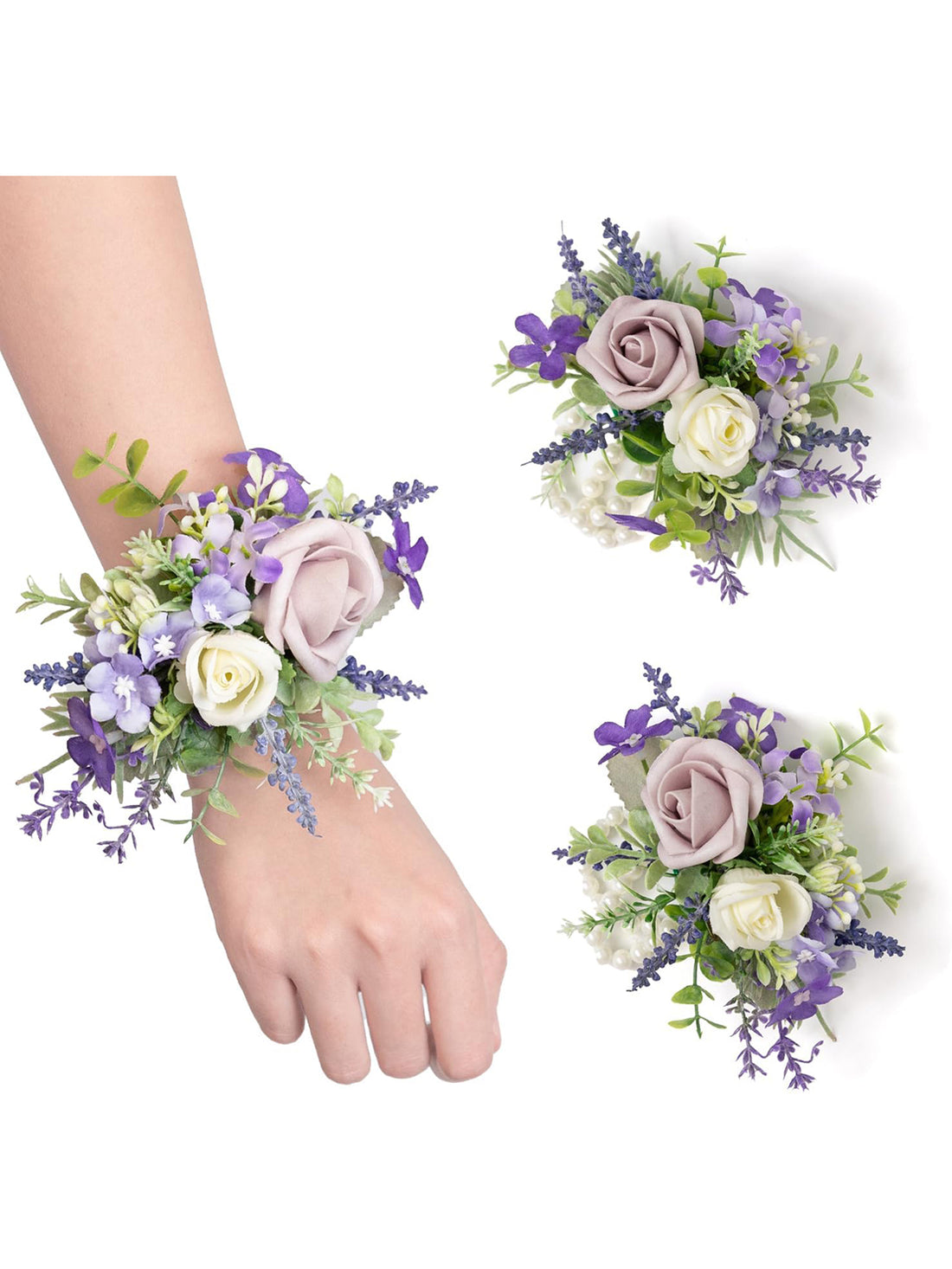 Lavender Set of 2 Wrist Corsage Pearl Wristlet Band Bridesmaid Bracelet