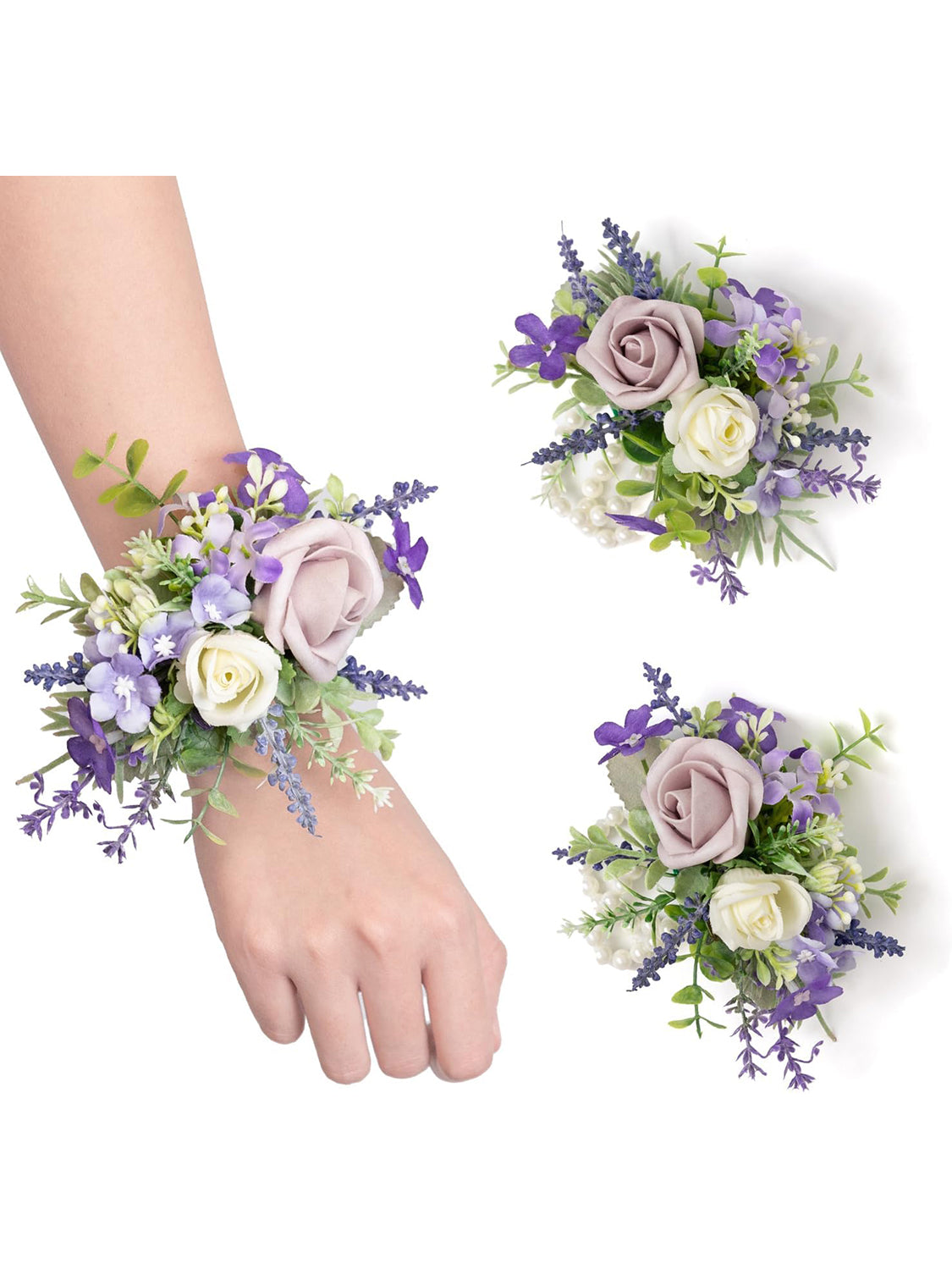 Lavender Set of 2 Wrist Corsage Pearl Wristlet Band Bridesmaid Bracelet