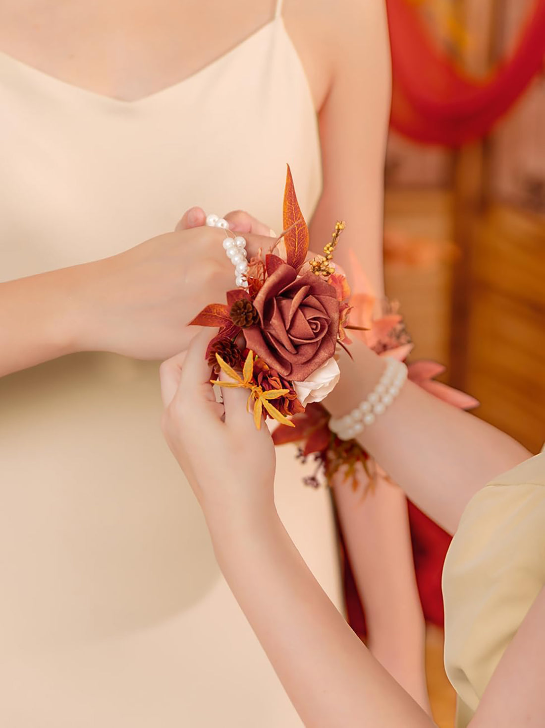 Maple Red Set of 2 Wrist Corsage Pearl Wristlet Band Bridesmaid Bracelet