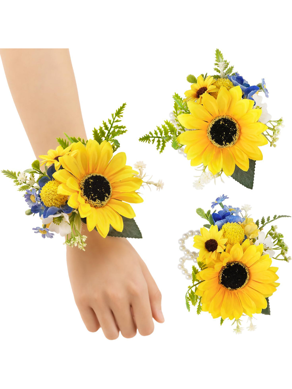Sunflower &Royal Blue Set of 2 Wrist Corsage Pearl Wristlet Band Bridesmaid Bracelet