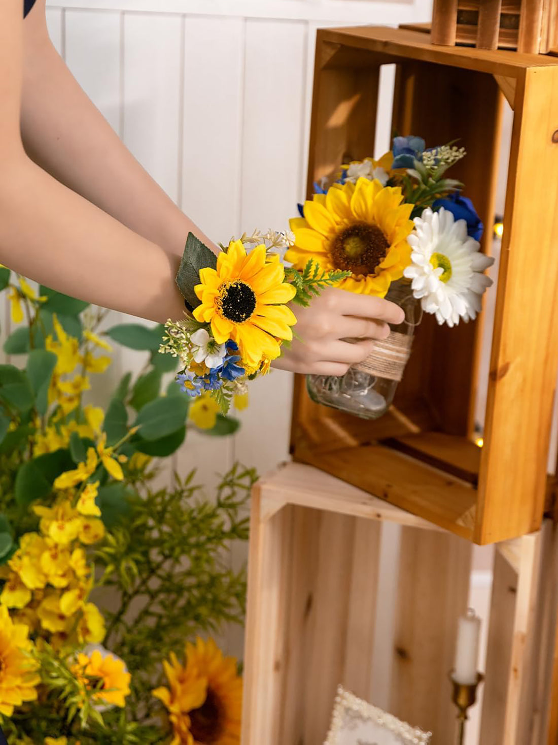 Sunflower &Royal Blue Set of 2 Wrist Corsage Pearl Wristlet Band Bridesmaid Bracelet