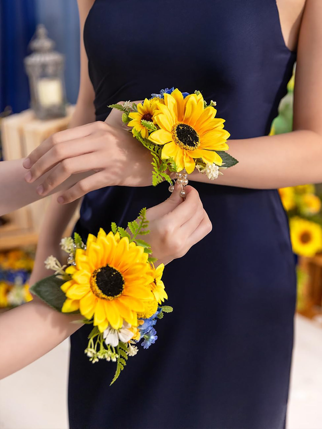 Sunflower &Royal Blue Set of 2 Wrist Corsage Pearl Wristlet Band Bridesmaid Bracelet
