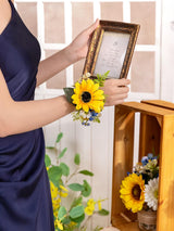 Sunflower &Royal Blue Set of 2 Wrist Corsage Pearl Wristlet Band Bridesmaid Bracelet