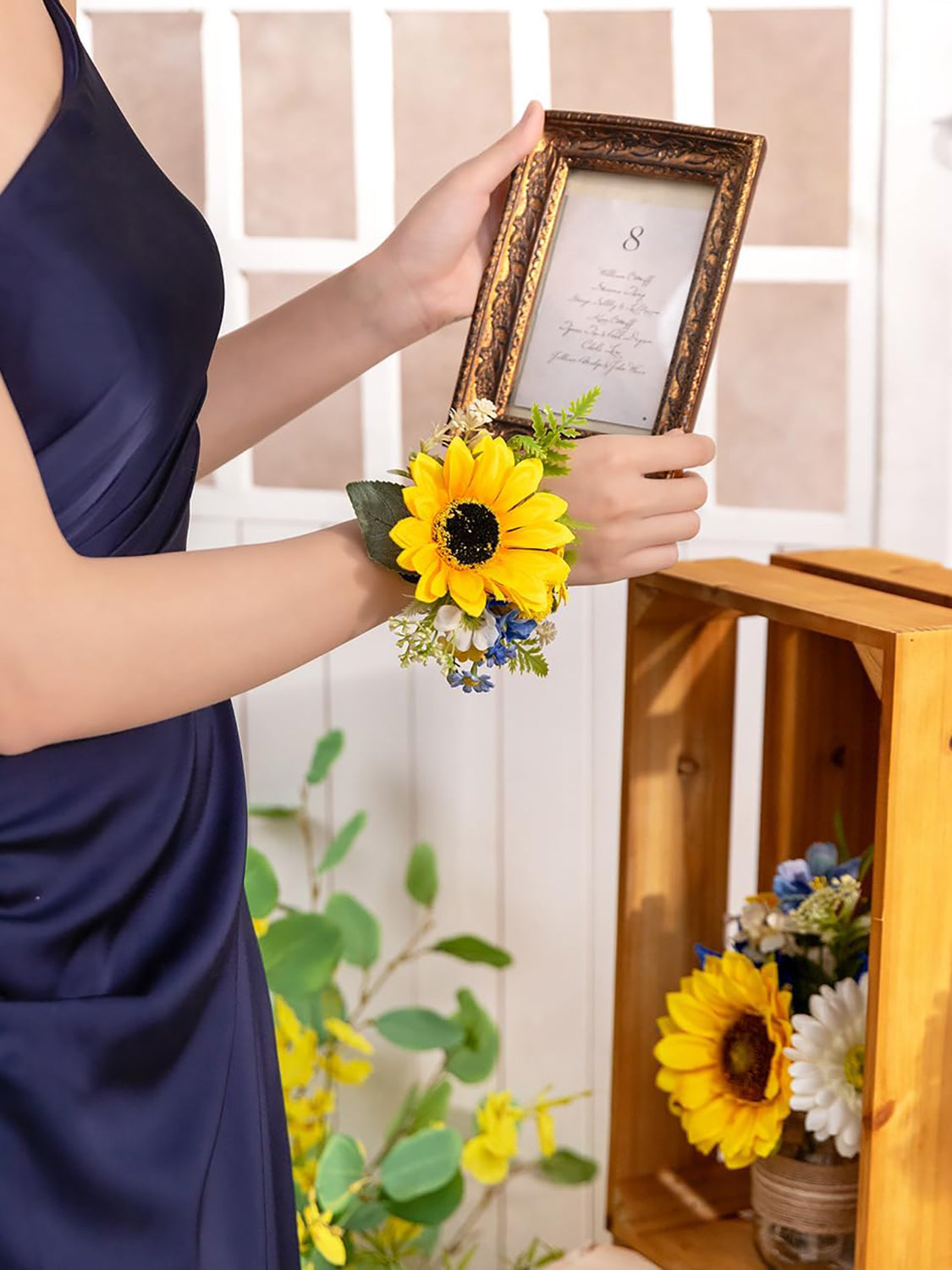 Sunflower &Royal Blue Set of 2 Wrist Corsage Pearl Wristlet Band Bridesmaid Bracelet