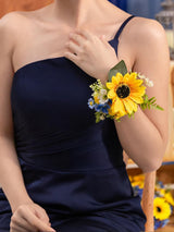 Sunflower &Royal Blue Set of 2 Wrist Corsage Pearl Wristlet Band Bridesmaid Bracelet