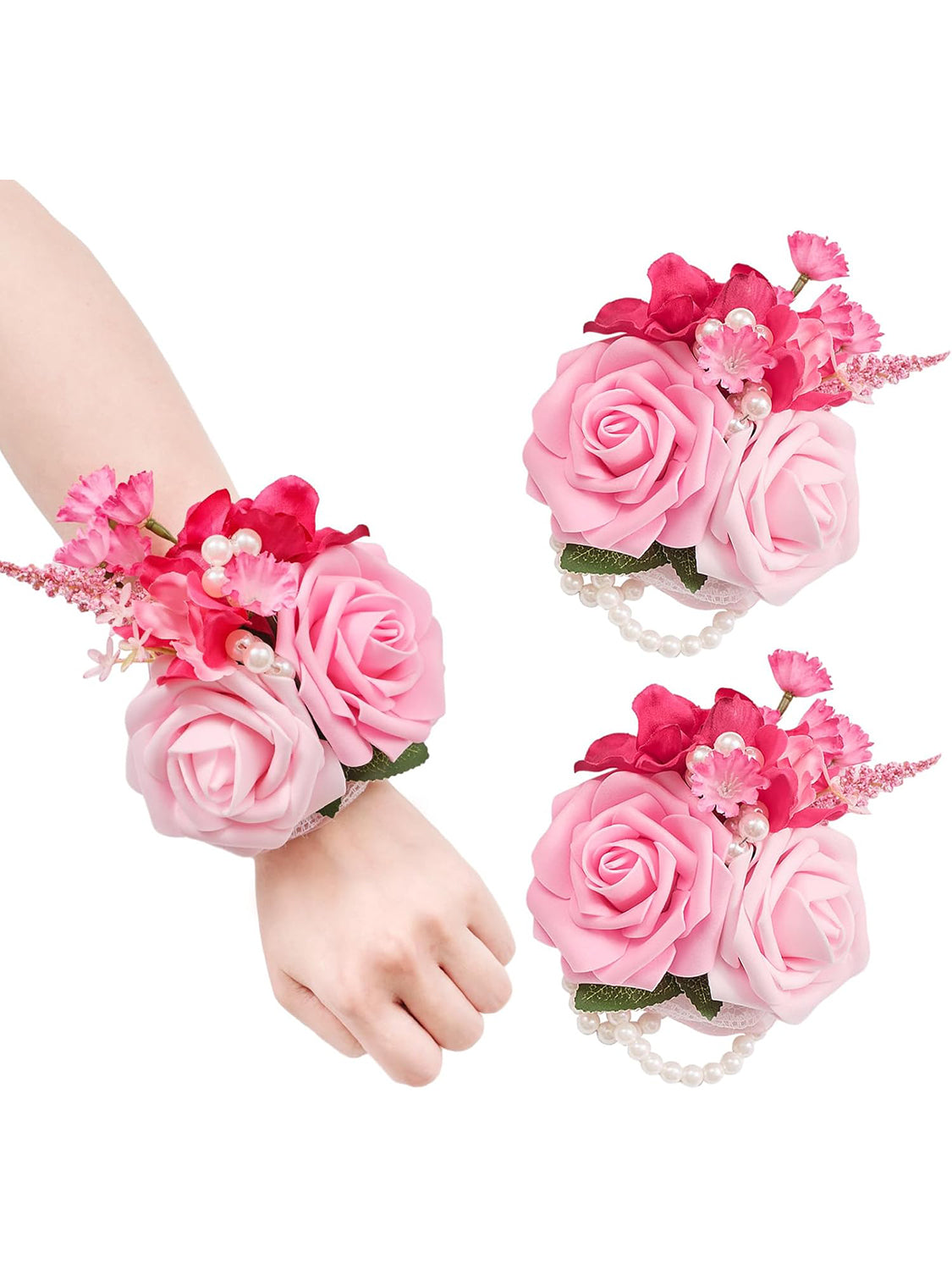 Hot Pink Set of 2 Wedding Wrist Corsage Artificial Flowers