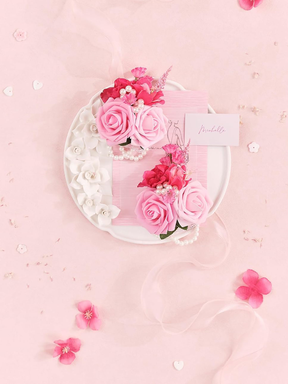 Hot Pink Set of 2 Wedding Wrist Corsage Artificial Flowers