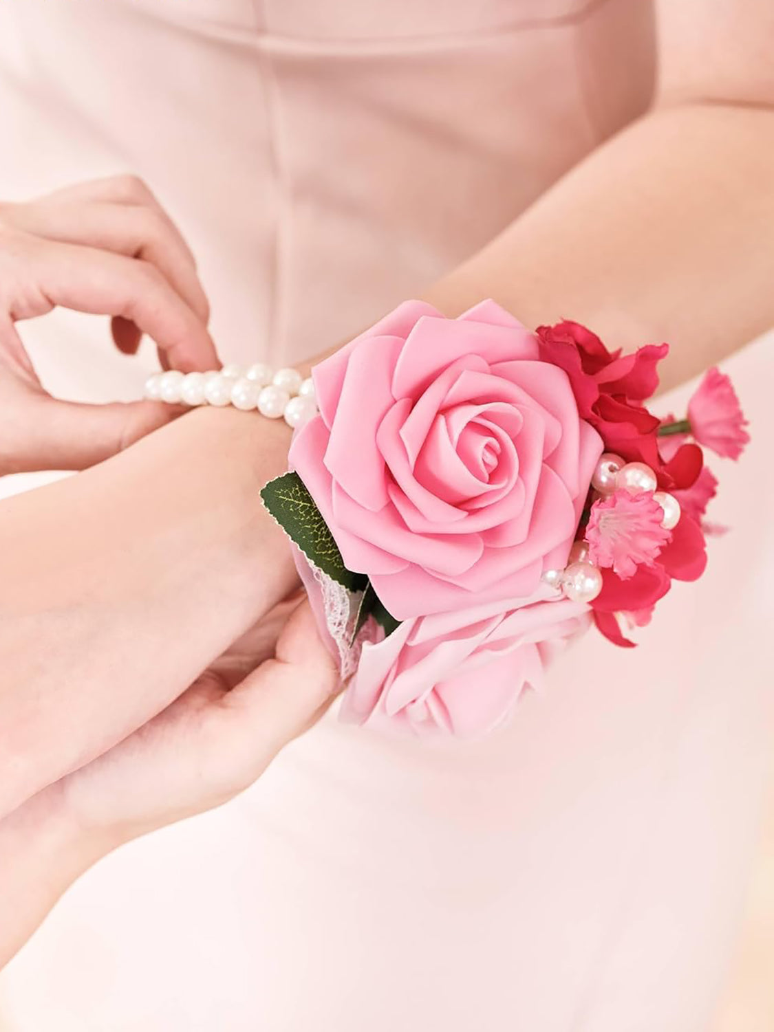 Hot Pink Set of 2 Wedding Wrist Corsage Artificial Flowers