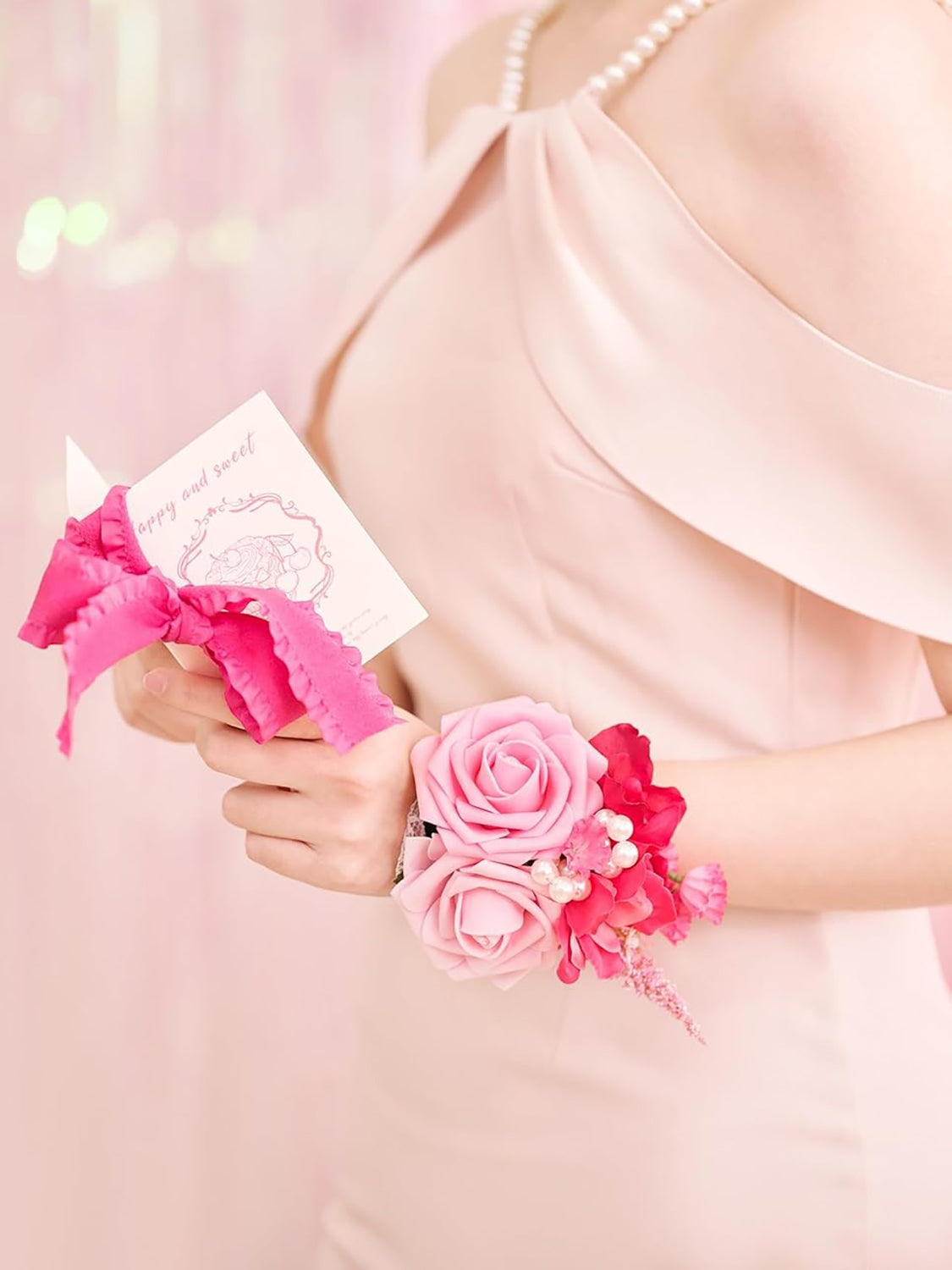 Hot Pink Set of 2 Wedding Wrist Corsage Artificial Flowers