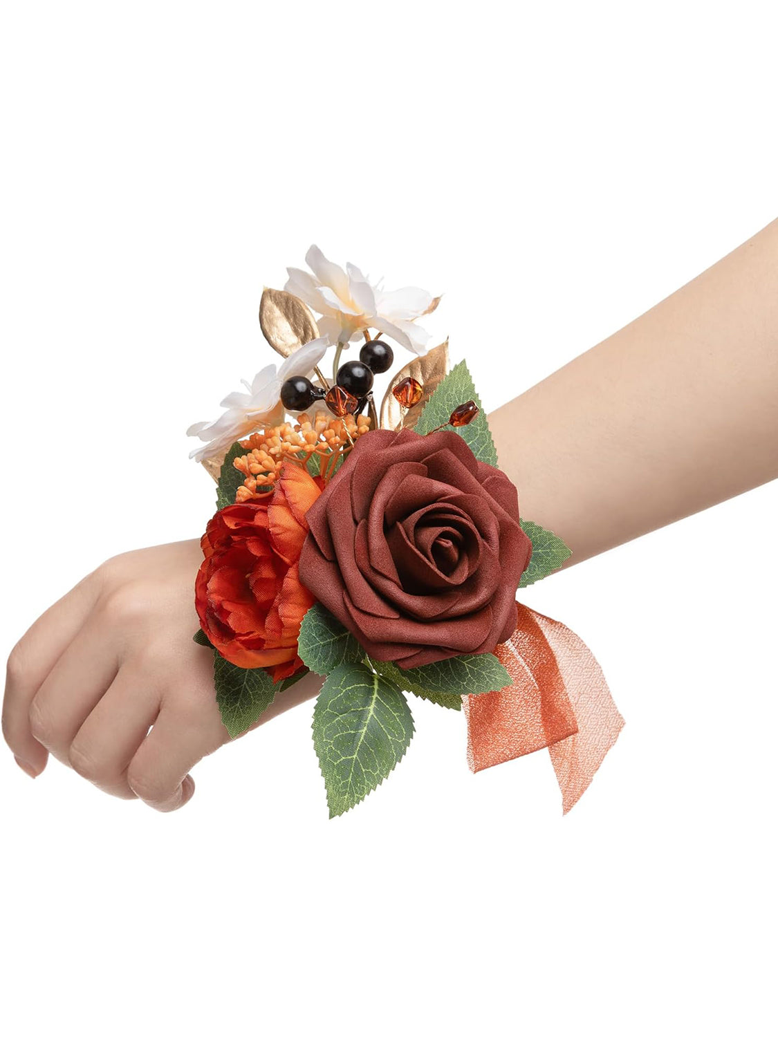 Burnt Orange & Terracotta 6pcs Wedding Wrist Corsage Artificial Flowers