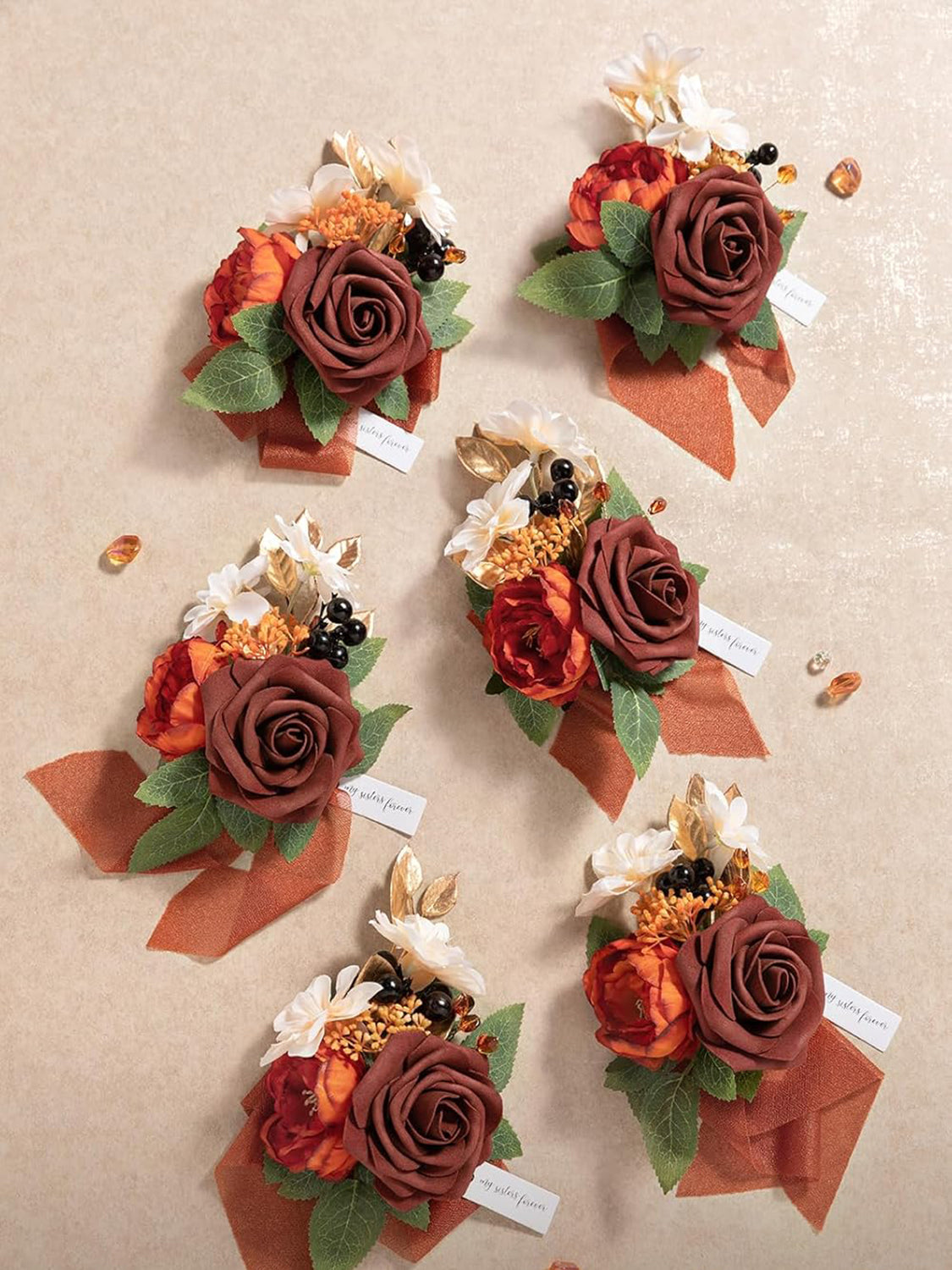 Burnt Orange & Terracotta 6pcs Wedding Wrist Corsage Artificial Flowers