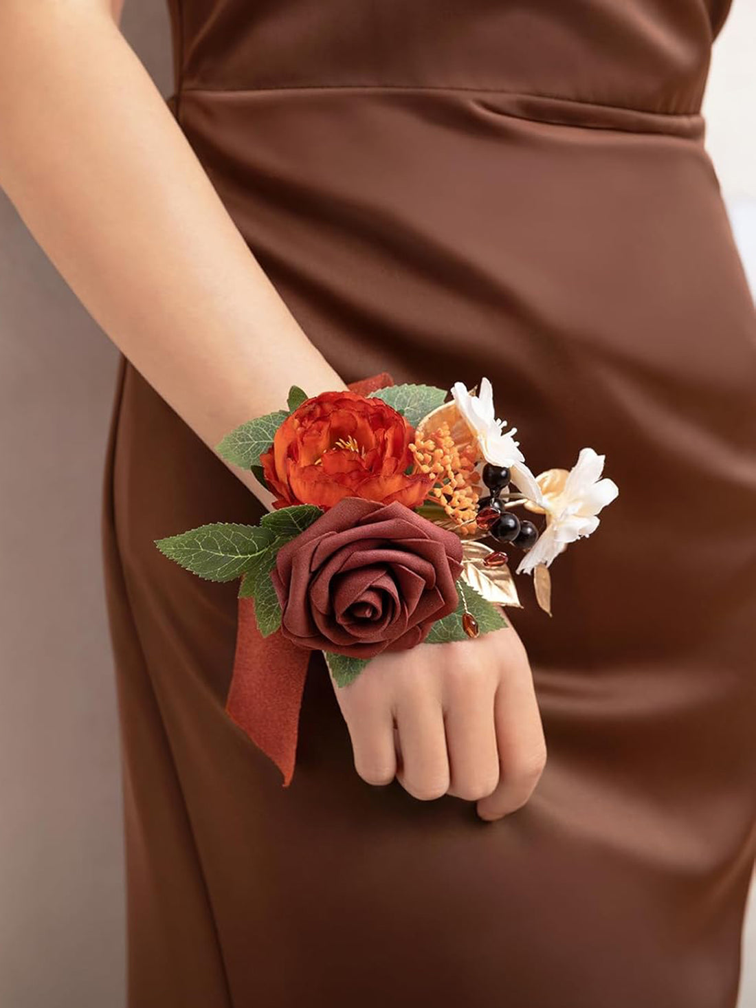 Burnt Orange & Terracotta 6pcs Wedding Wrist Corsage Artificial Flowers
