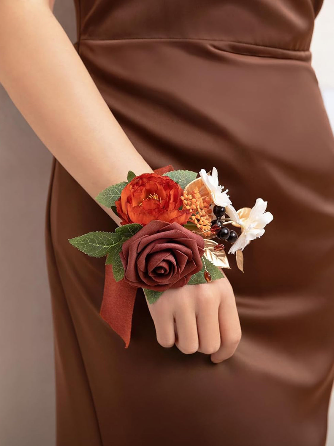 Burnt Orange & Terracotta 6pcs Wedding Wrist Corsage Artificial Flowers
