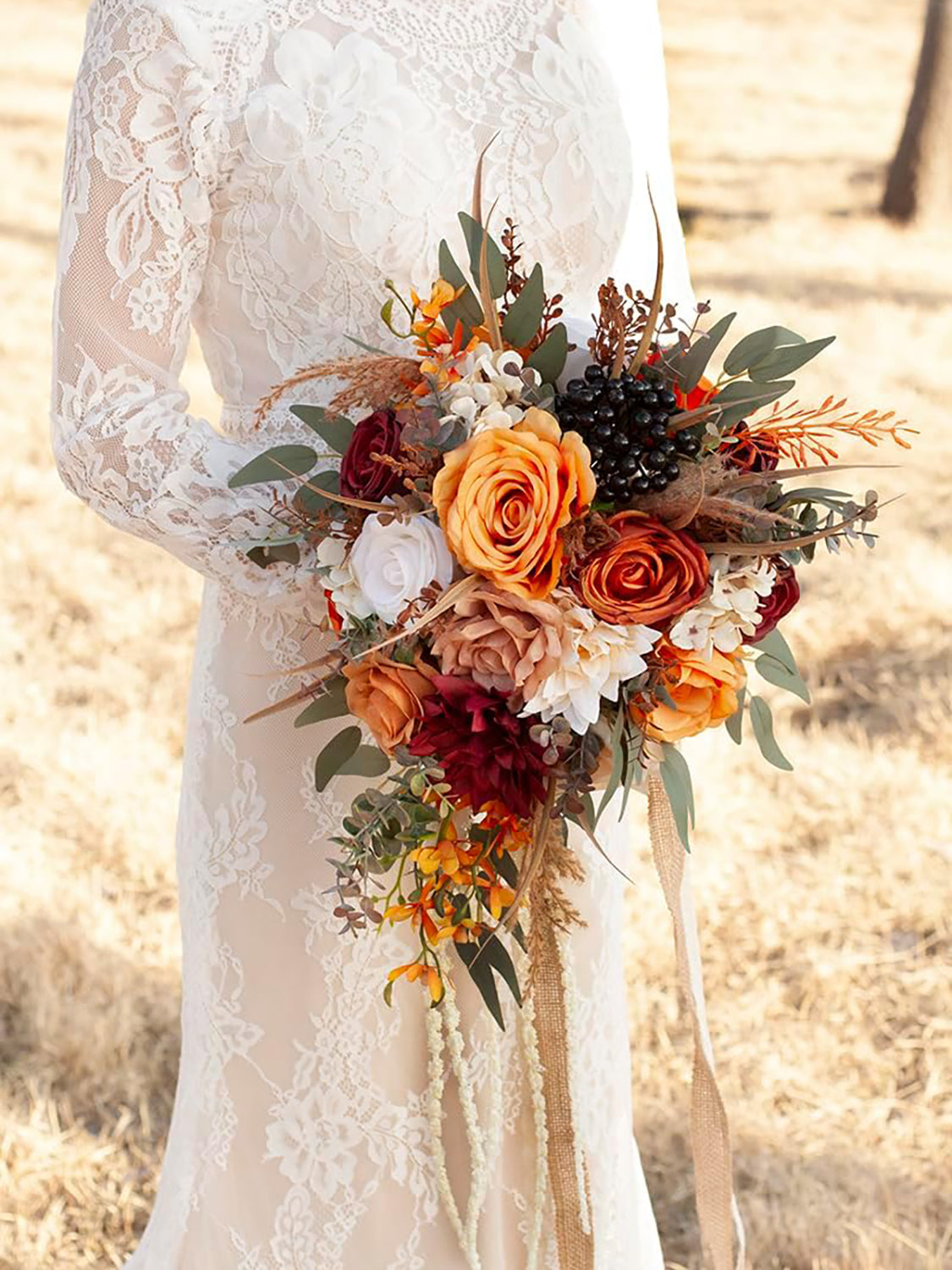 Burnt Orange 12 Inch Silk Artificial Flowers Wedding Bouquets for Bride