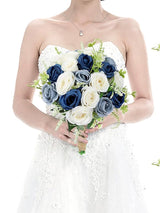Artificial Wedding Bridesmaid Bouquets Set of 6 7 Inch Navy Dusty Blue White