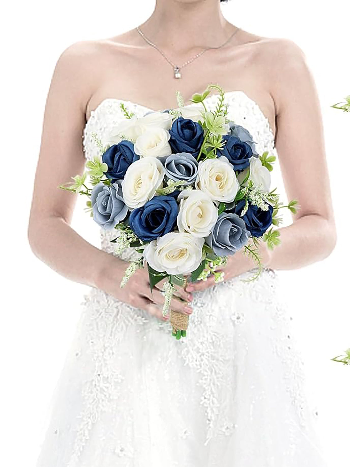 Artificial Wedding Bridesmaid Bouquets Set of 6 7 Inch Navy Dusty Blue White