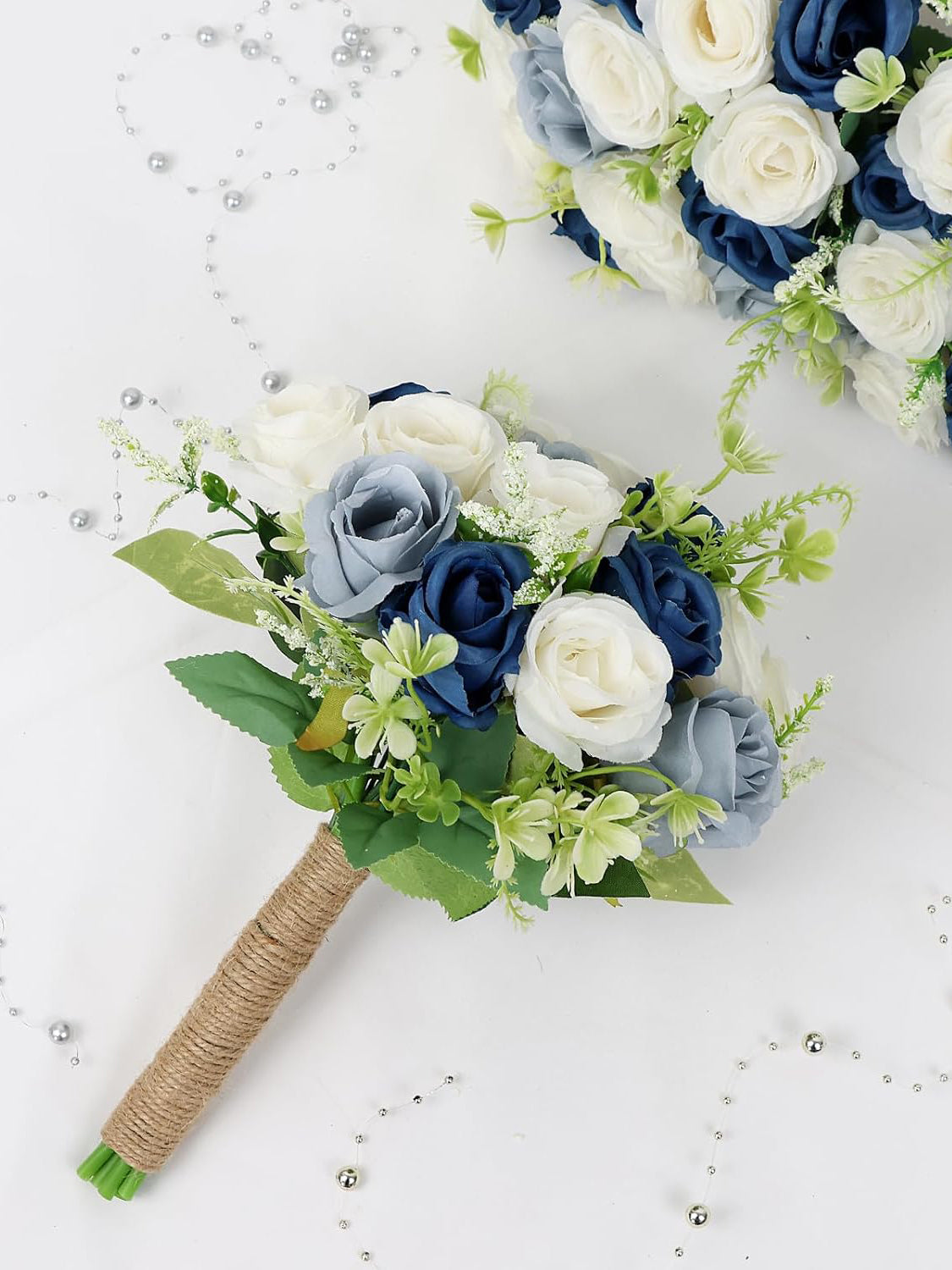 Artificial Wedding Bridesmaid Bouquets Set of 6 7 Inch Navy Dusty Blue White