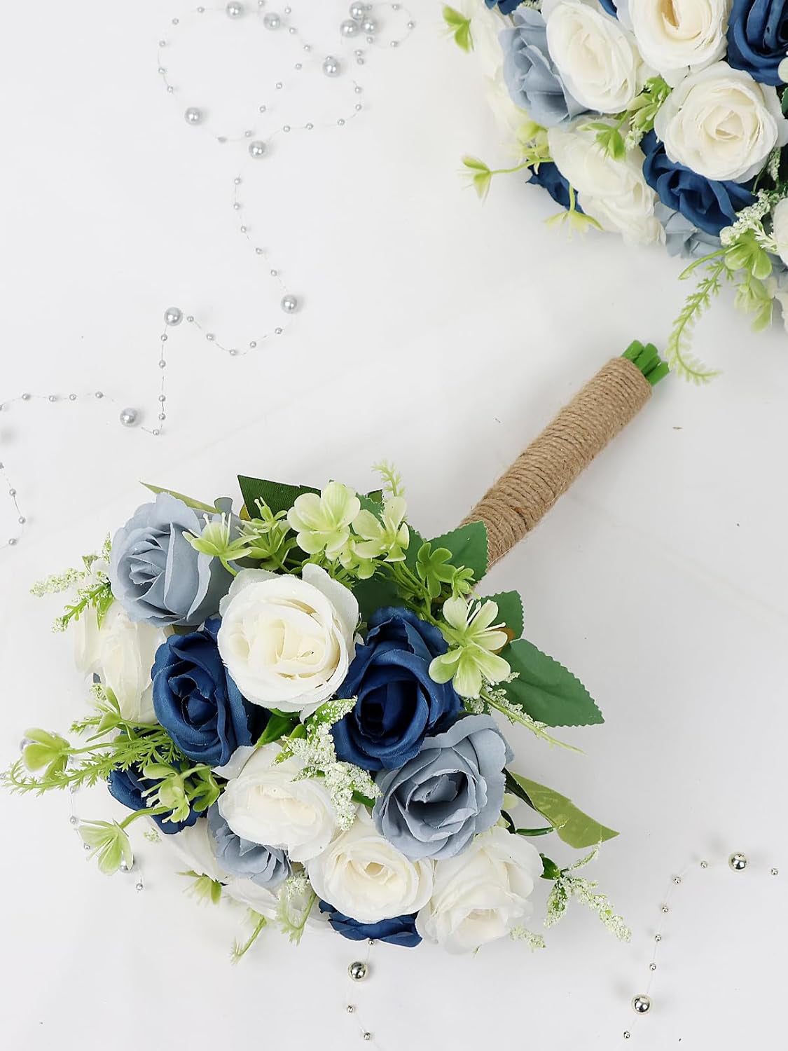 Artificial Wedding Bridesmaid Bouquets Set of 6 7 Inch Navy Dusty Blue White