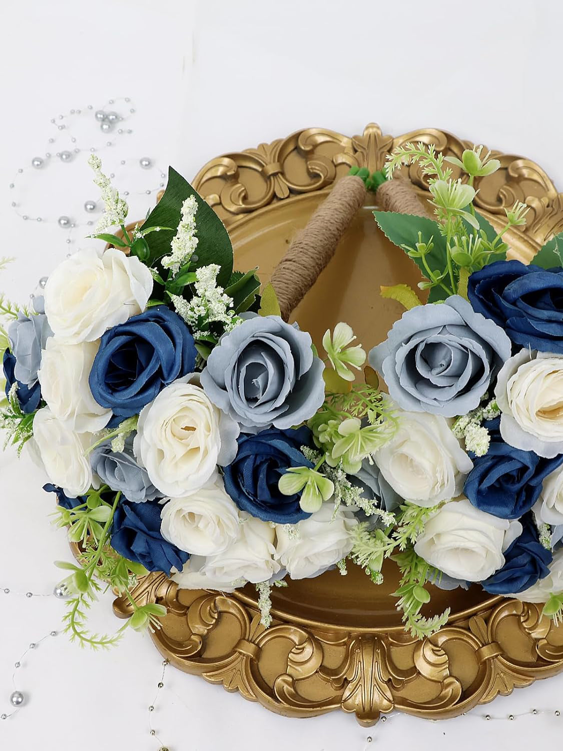 Artificial Wedding Bridesmaid Bouquets Set of 6 7 Inch Navy Dusty Blue White