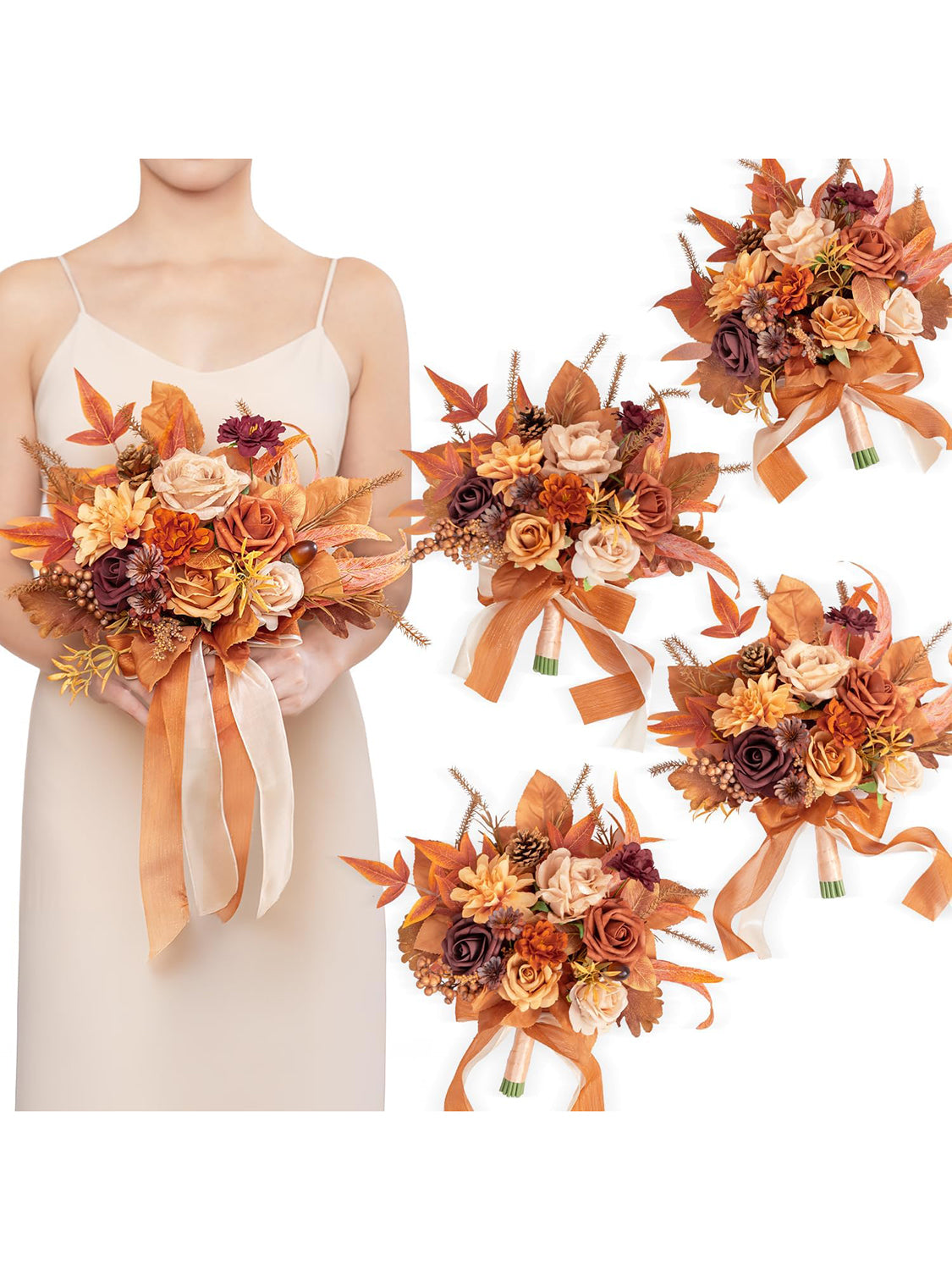 Maple Red 7 Inch Wedding Bouquets for Bridesmaid Set of 4