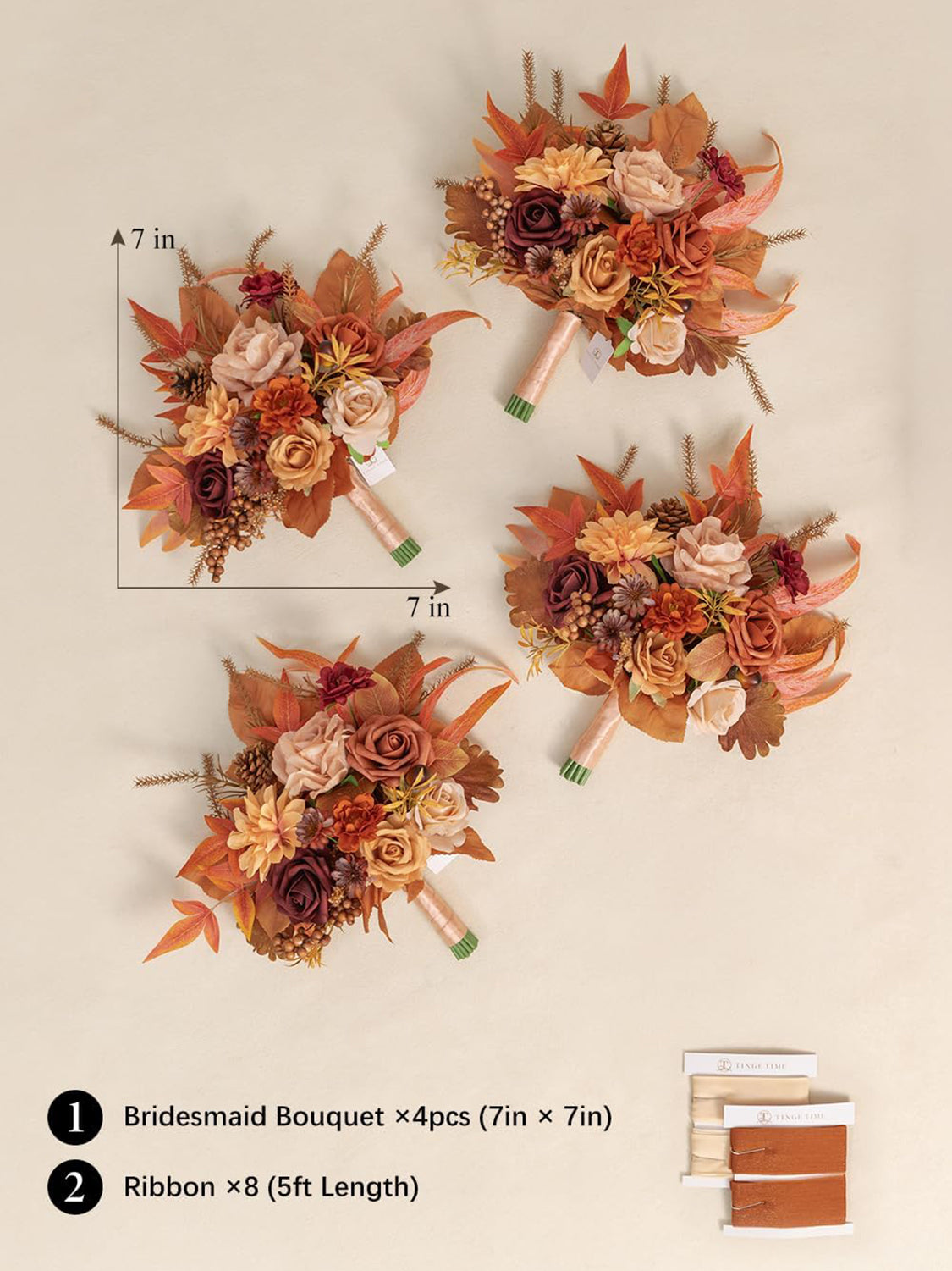 Maple Red 7 Inch Wedding Bouquets for Bridesmaid Set of 4