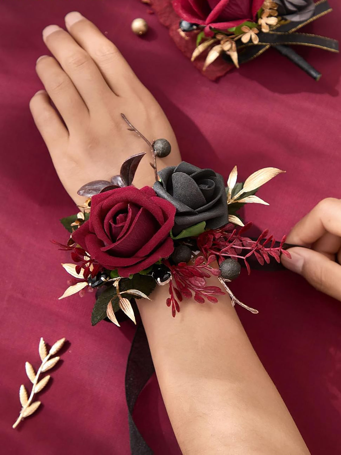 Burgundy Corsage and Boutonniere 2 Set