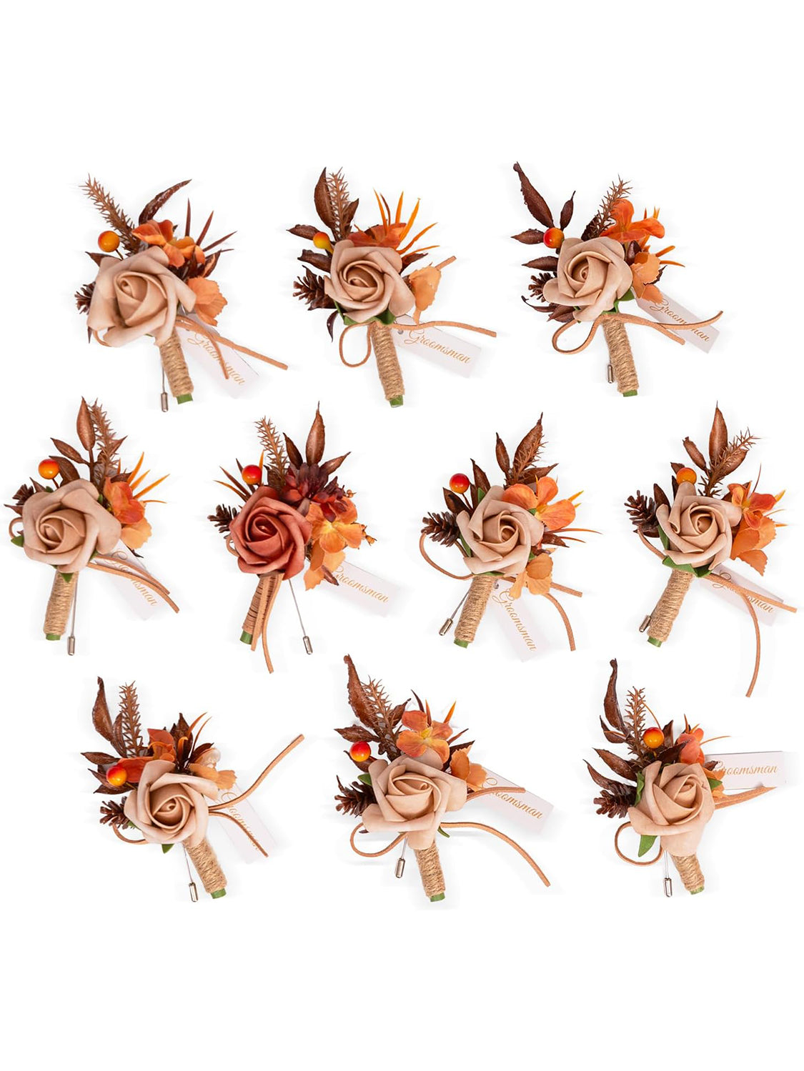 Maple Red Groom and Best Man Boutonniere for Wedding Set of 10