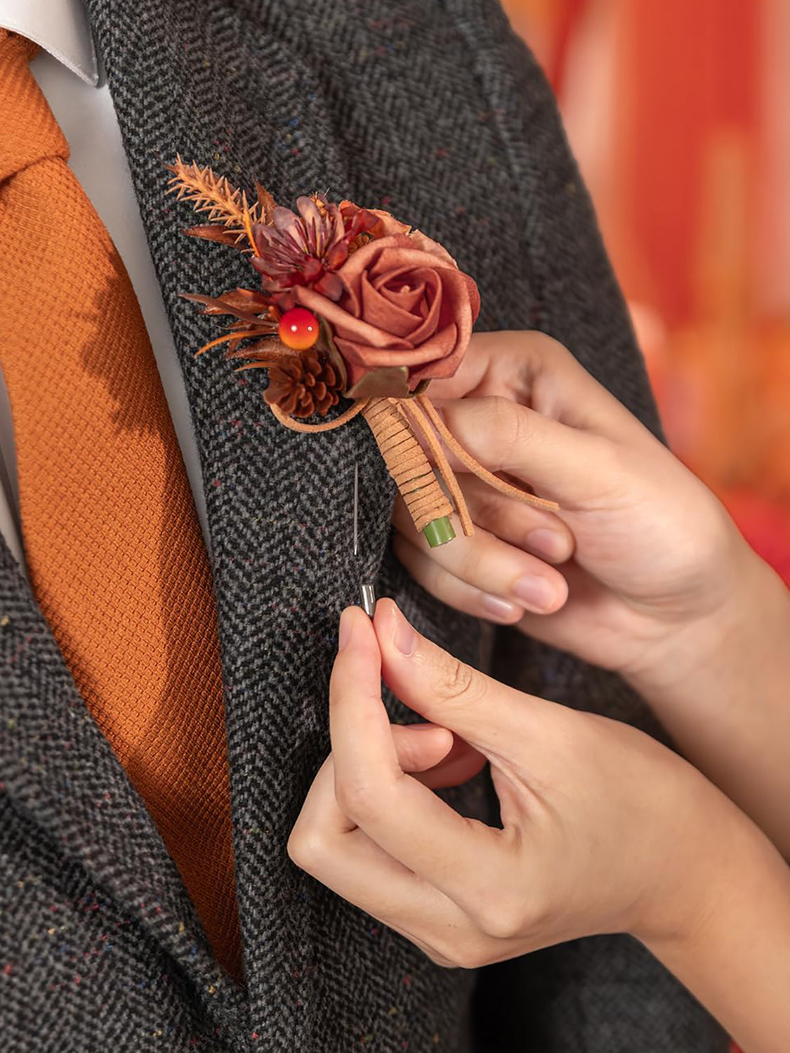 Maple Red Groom and Best Man Boutonniere for Wedding Set of 10