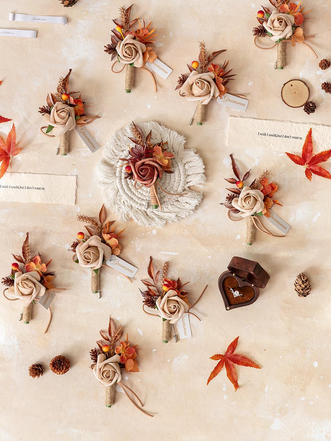 Maple Red Groom and Best Man Boutonniere for Wedding Set of 10