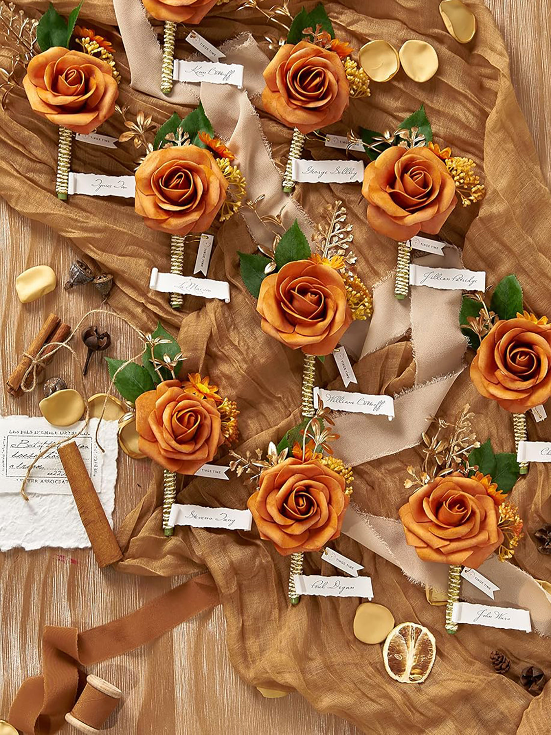 Miami Burnt Orange Groom and Best Man Boutonniere for Wedding Set of 10