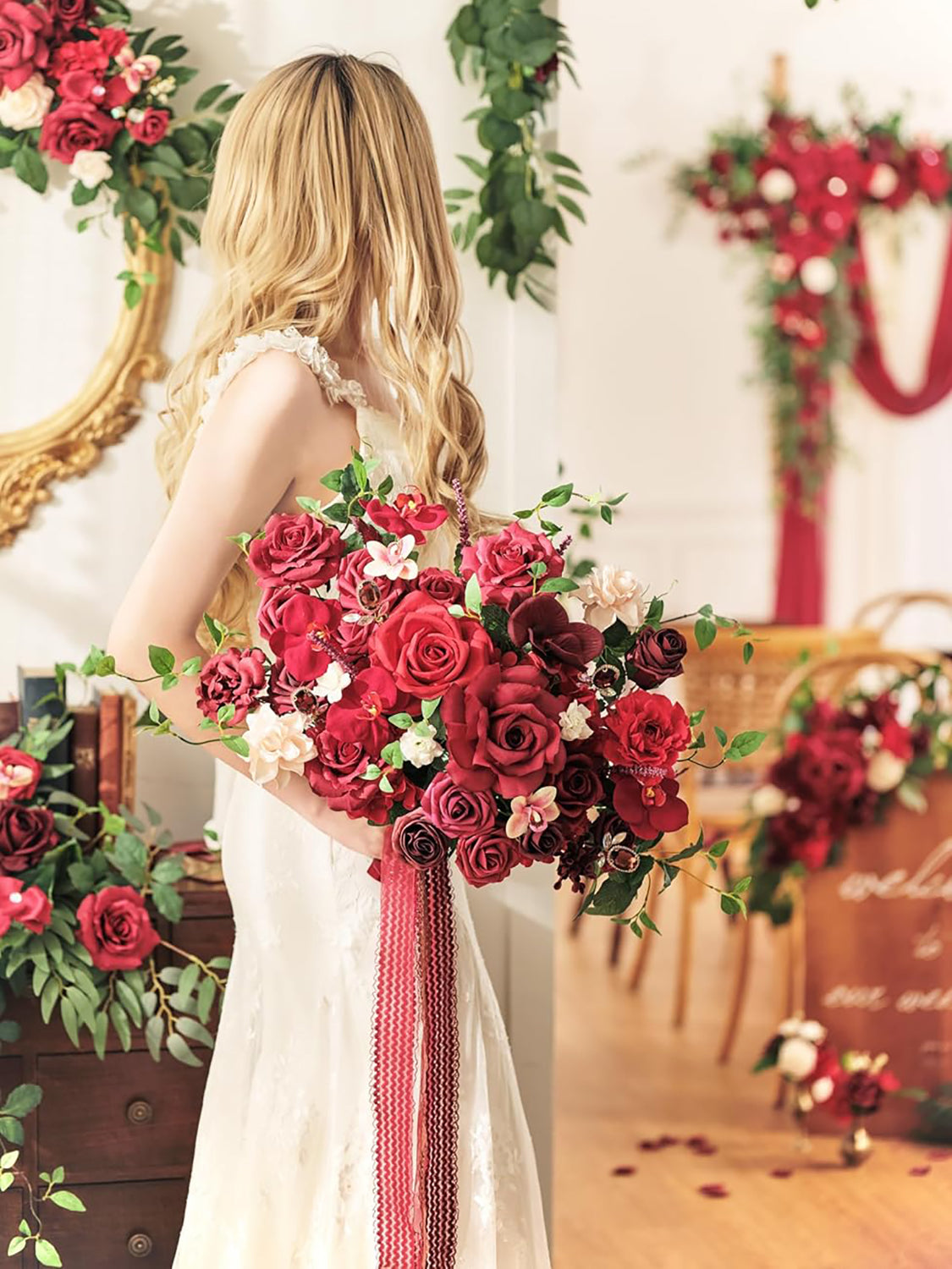 Burgundy Red 17 Inch Artificial Bridal Bouquet