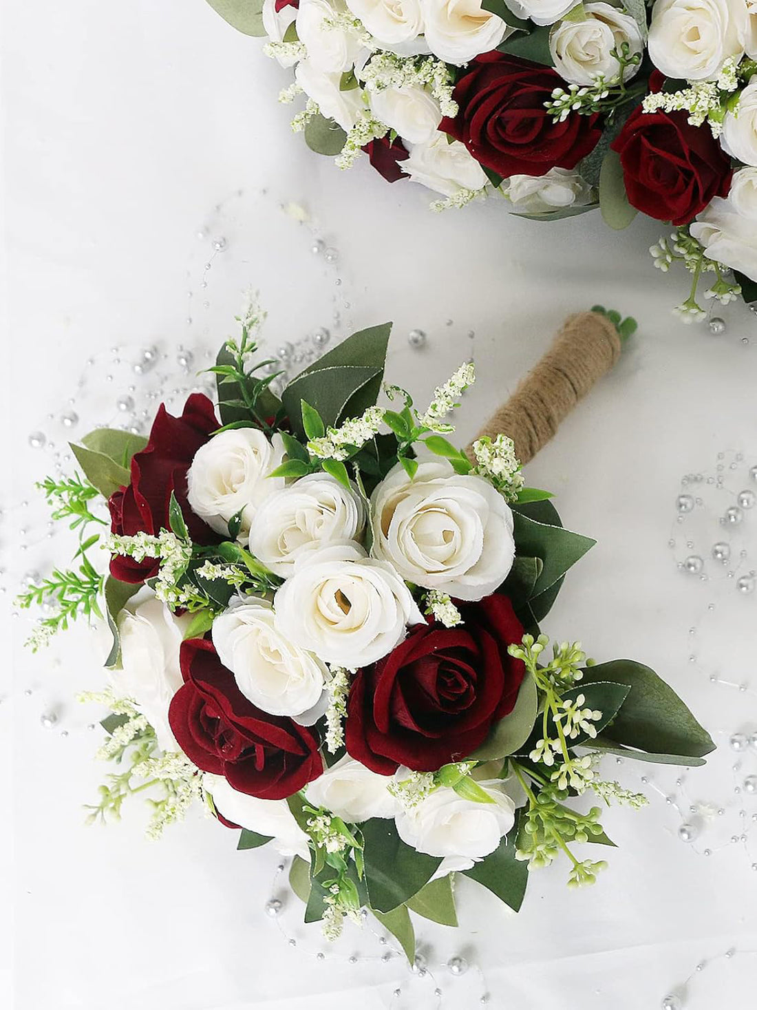 Bridesmaid Bouquets 7 Inch Burgundy and White Set of 6 for Wedding