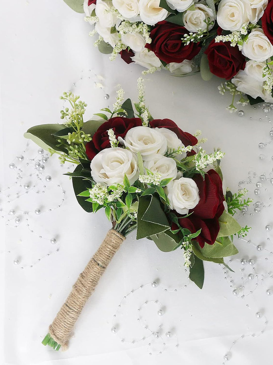 Bridesmaid Bouquets 7 Inch Burgundy and White Set of 6 for Wedding