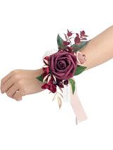 Burgundy 2pcs Prom Wrist Corsage Artificial Flowers