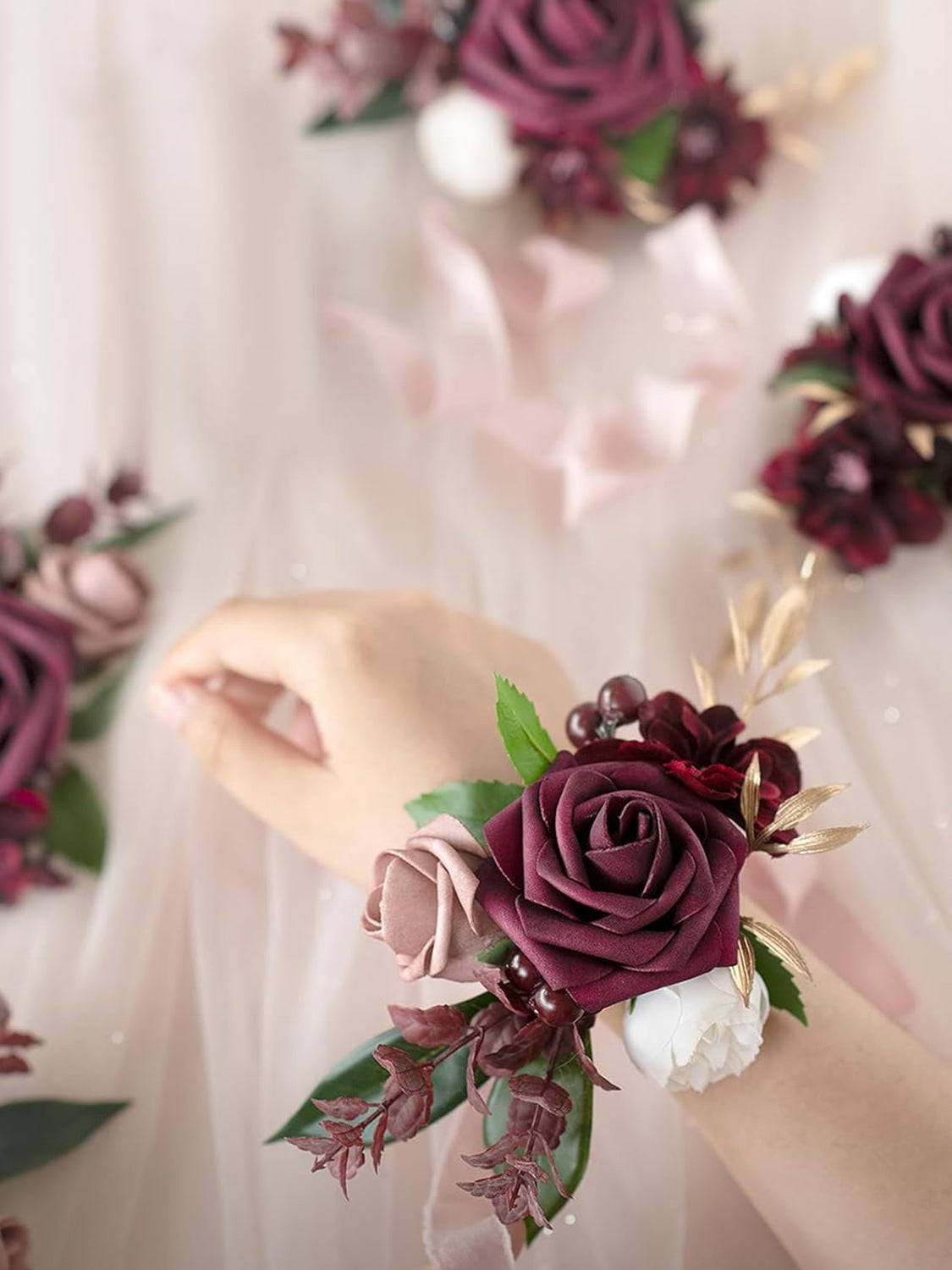 Burgundy 2pcs Prom Wrist Corsage Artificial Flowers