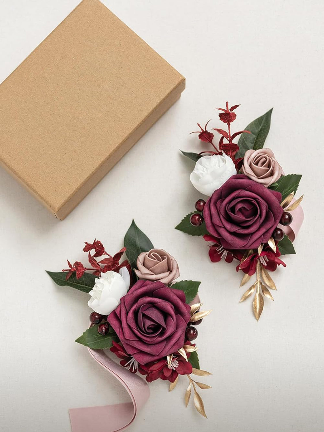Burgundy 2pcs Prom Wrist Corsage Artificial Flowers
