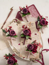 Burgundy Marsala 6pcs Groom Groomsmen Boutonniere