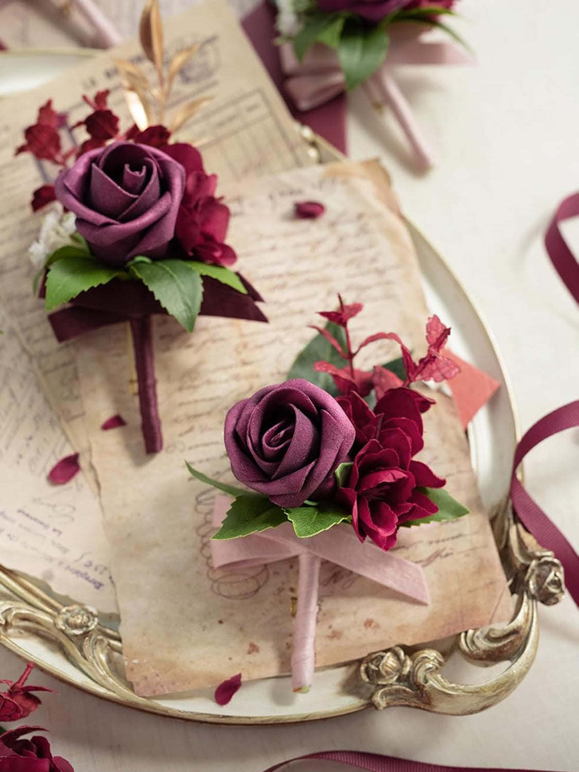 Burgundy Marsala 6pcs Groom Groomsmen Boutonniere