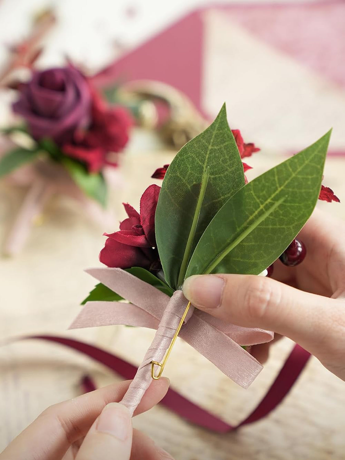 Burgundy Marsala 6pcs Groom Groomsmen Boutonniere
